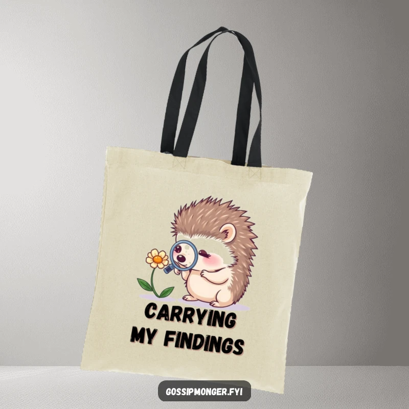 Funny tiny hedgehog with a magnifying glass looking at a whispering flower, featured on a durable tote bag, ideal for a humorous nature gift.