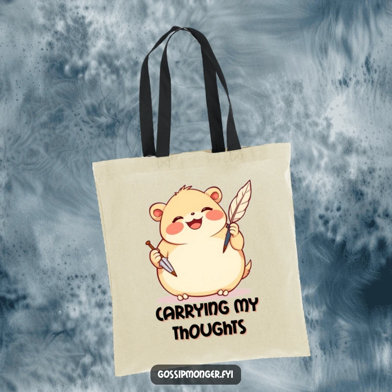 Funny tote bag with a plump, smiling creature gleefully scribbling notes with a comically oversized quill pen.