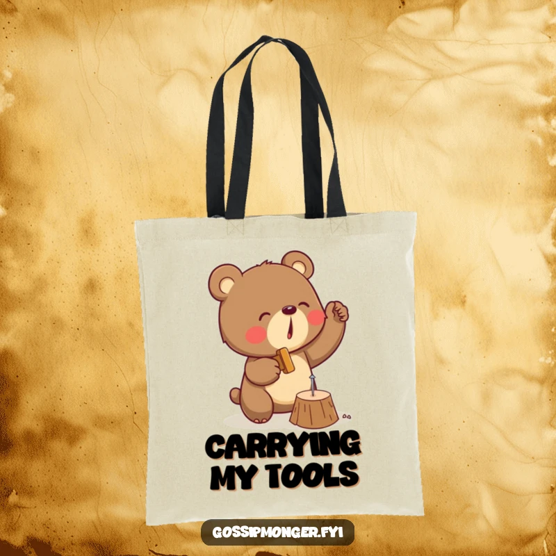 Funny tote bag showcasing a determined bear enthusiastically hammering a small nail into wood, ready for any task.