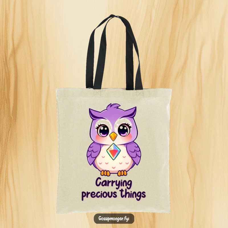Funny tote bag with a smiling purple owl generously sharing a shining gem, perfect for carrying items with a message of friendship.