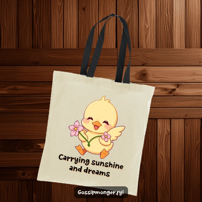 Funny Duckling Tote Bag: A sweet duckling with a flower on its head joyfully flutters its wings, perfect for carrying items in style.
