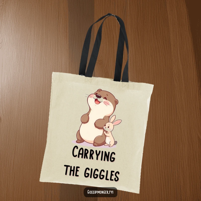 Funny otter tote bag featuring a delighted otter slapping its belly while observing a tiny rabbit whisper secrets.