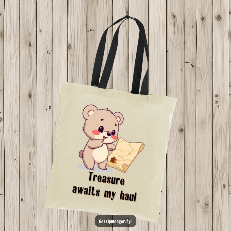 Funny Bear Cub Treasure Map Tote Bag: A cub enthusiastically points at a treasure map, perfect for carrying adventure gear.