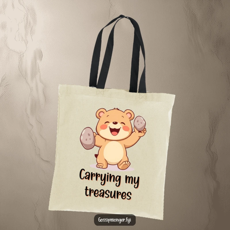 Funny bear tote bag with a joyful bear cub grinning while juggling three oversized shiny pebbles, carrying essentials.