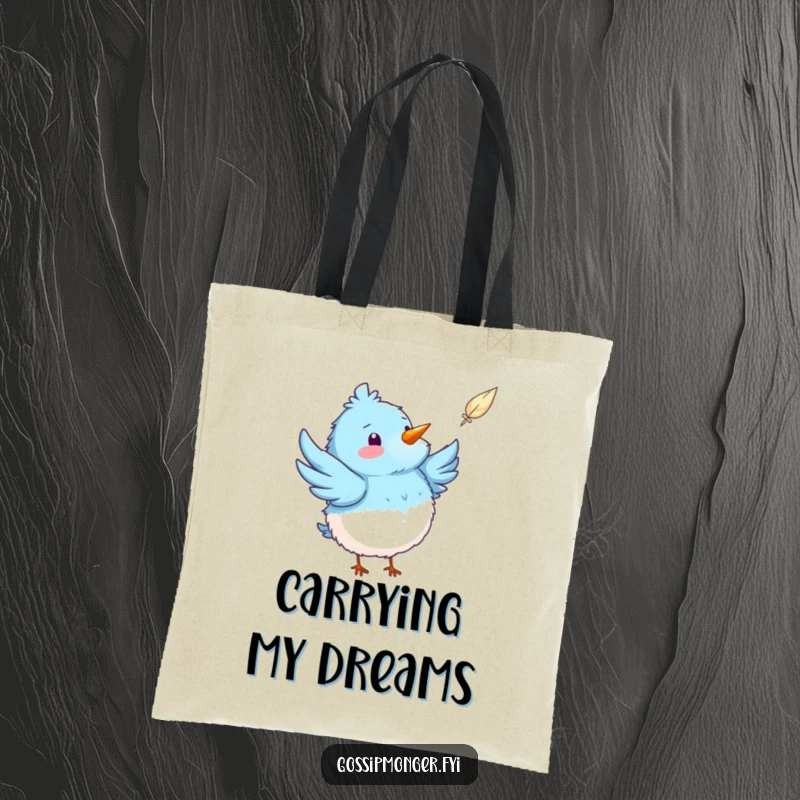 Funny blue bird tote bag featuring a fluffy bird pointing at a feather, ideal for carrying essentials with a hint of playful joy.