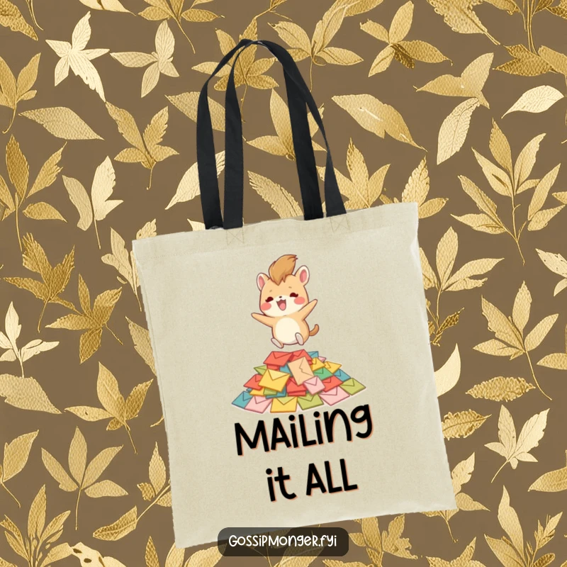 Funny creature with a bushy tail bouncing energetically on a pile of tiny, colorful envelopes, depicted on a practical tote bag.