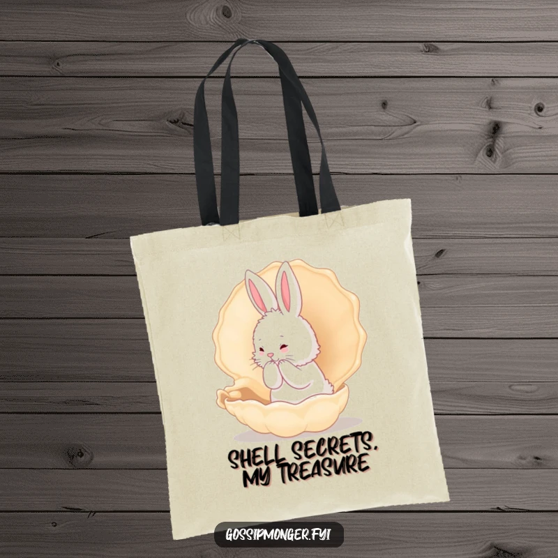 Funny Bunny Tote Bag: A fluffy white rabbit whispers secrets into a large conch shell, great for a humorous and functional gift.