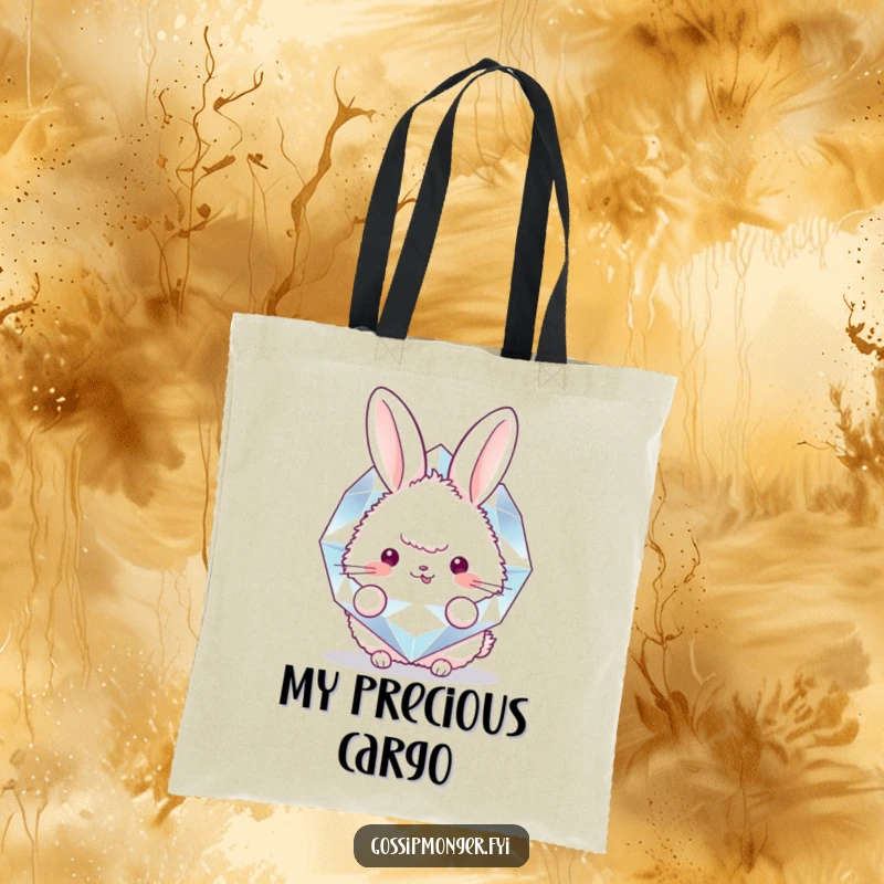 Funny tote bag featuring a fluffy bunny peeking behind a huge, sparkling diamond, perfect for carrying essentials with a touch of playful elegance.