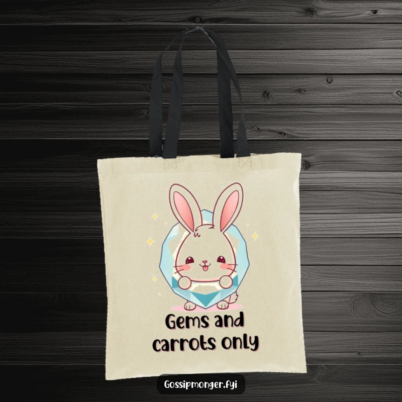 Funny Tote Bag: Cheerful bunny peeking from behind a massive, glittering gemstone, showcasing a fashionable and funny design, a superb funny gift.