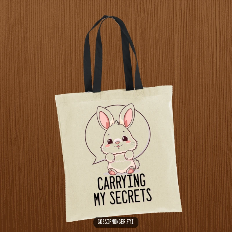Funny bunny tote bag featuring a fluffy rabbit peeking comically from behind a speech bubble, nose wiggling.