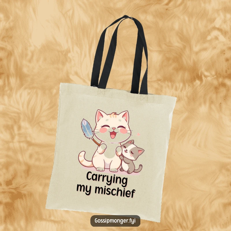 Funny tote bag with a giggling cat playfully tickling a friend with a feather duster, perfect for daily errands.