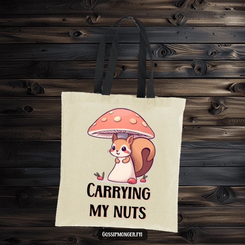 Funny curious squirrel tote bag, peeking from behind a large mushroom, designed for carrying treasures with a hint of woodland mystery.