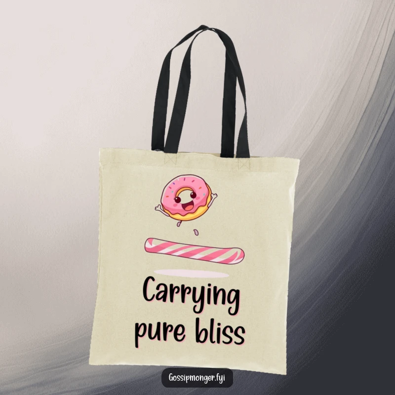Funny donut tote bag showcasing a happy donut ecstatically bouncing atop a huge candy cane, a delightful and humorous accessory.