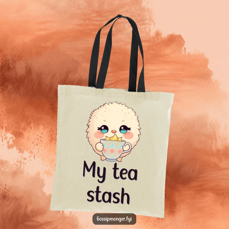 Funny tote bag with a round, fluffy creature winking slyly, holding a tiny, overflowing teacup, ideal for carrying treasures.