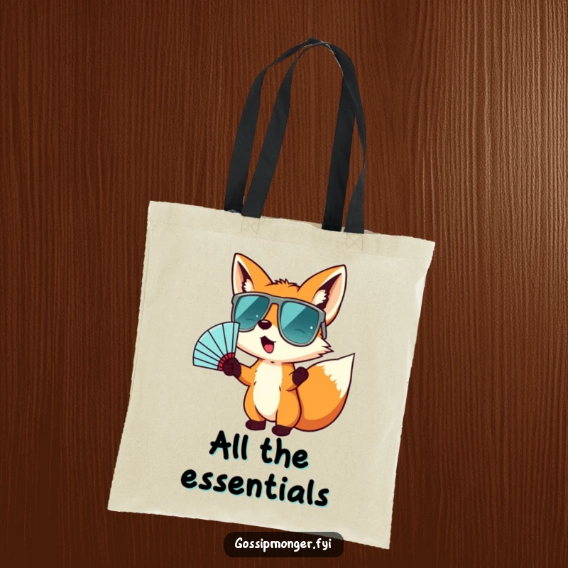 Funny tote bag featuring a tiny fox wearing oversized sunglasses and gesturing wildly with a fan, perfect for carrying essentials with a cool vibe.