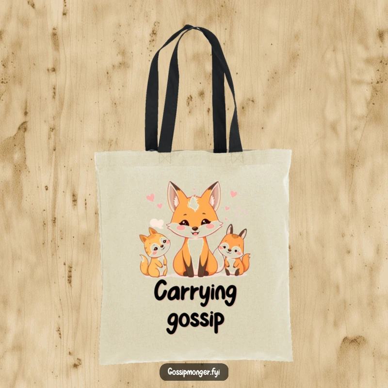 Funny tote bag with a smiling fox whispering to happy woodland creatures. Nature's gossip.