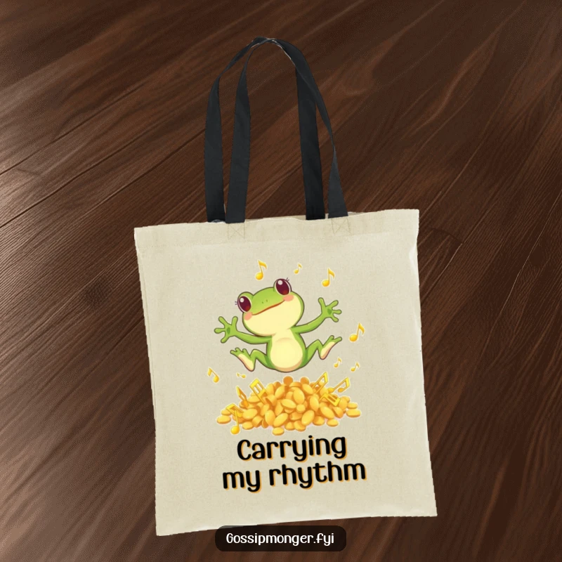 Funny tote bag with a small green frog joyfully leaping from golden musical notes, perfect for carrying essentials with rhythm.