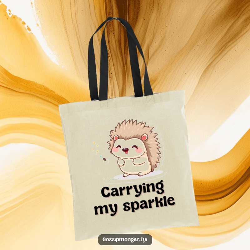 Funny Tote Bag with a happy hedgehog leaving a magical trail of glitter with its tiny quill, perfect for carrying treasures.