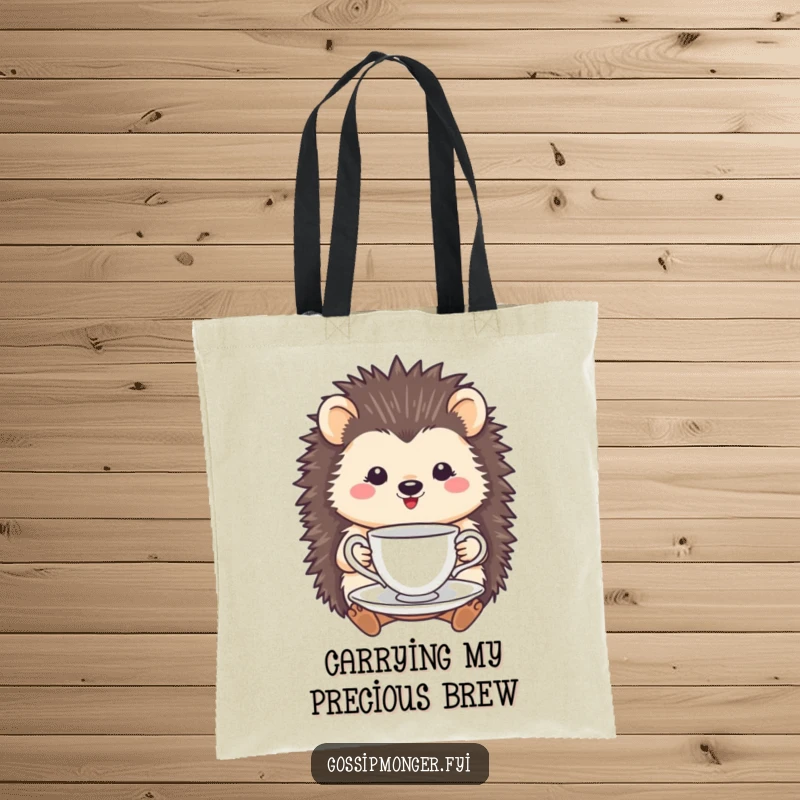 Funny Hedgehog Tea Cup Tote Bag: A smiling hedgehog holds a delicate tea cup and saucer, perfect for carrying items elegantly.
