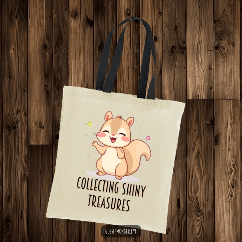 Funny Kawaii Squirrel Tote Bag: A cheerful, cute squirrel juggles tiny, sparkling gems with a delighted expression, a fun accessory.