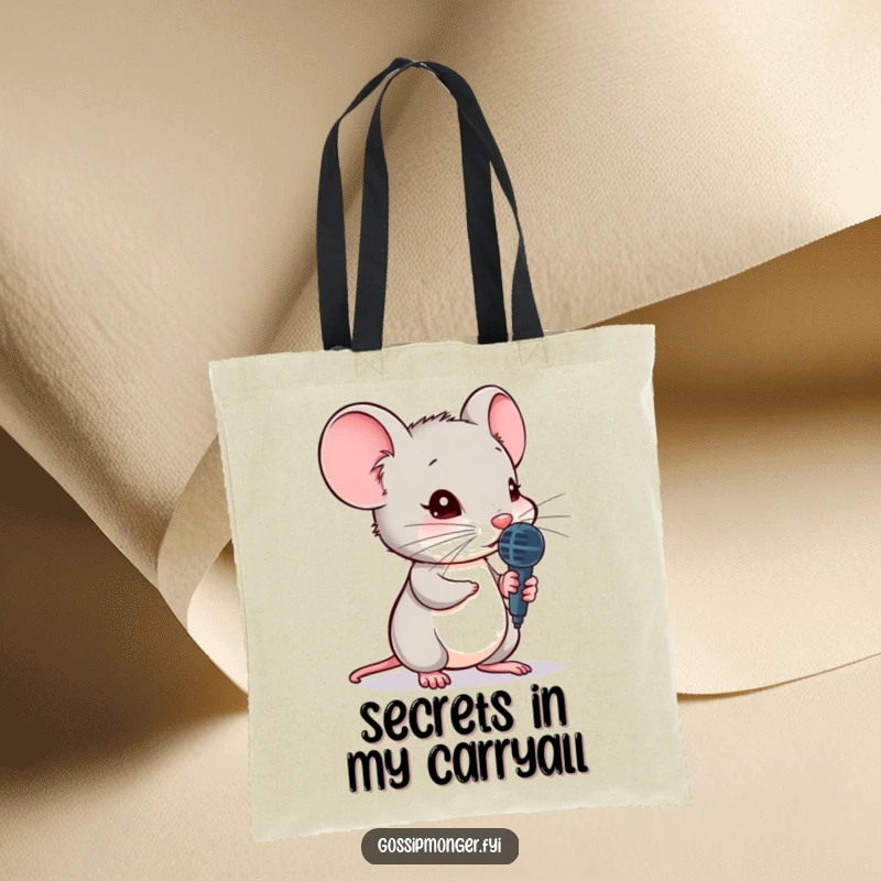 Funny mouse tote bag, holding a tiny microphone, leaning to hear a secret, durable canvas, spacious, curious design.
