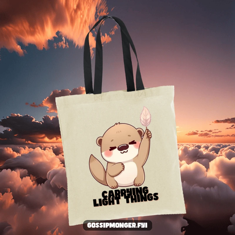 Funny playful otter with a knowing smile, holding a delicate shimmering feather aloft, durable tote bag.