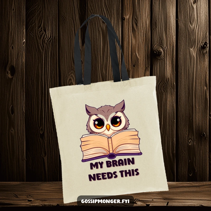 Funny tote bag showing a curious owl with wide eyes peeking from behind a giant open book, for carrying books.
