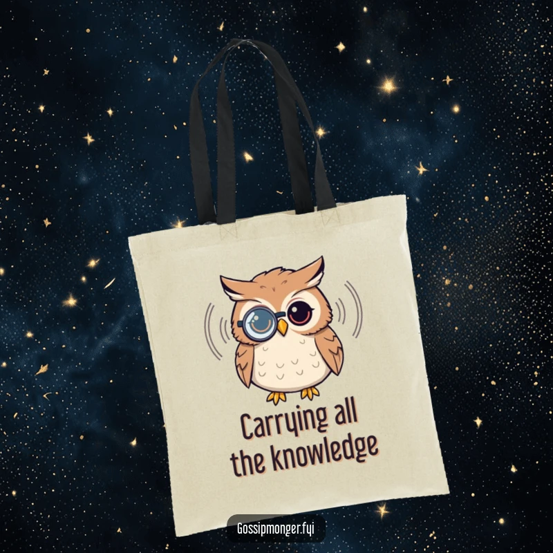 Funny owl tote bag, wearing a monocle, listening to a sound wave, durable canvas, spacious, intellectual design.