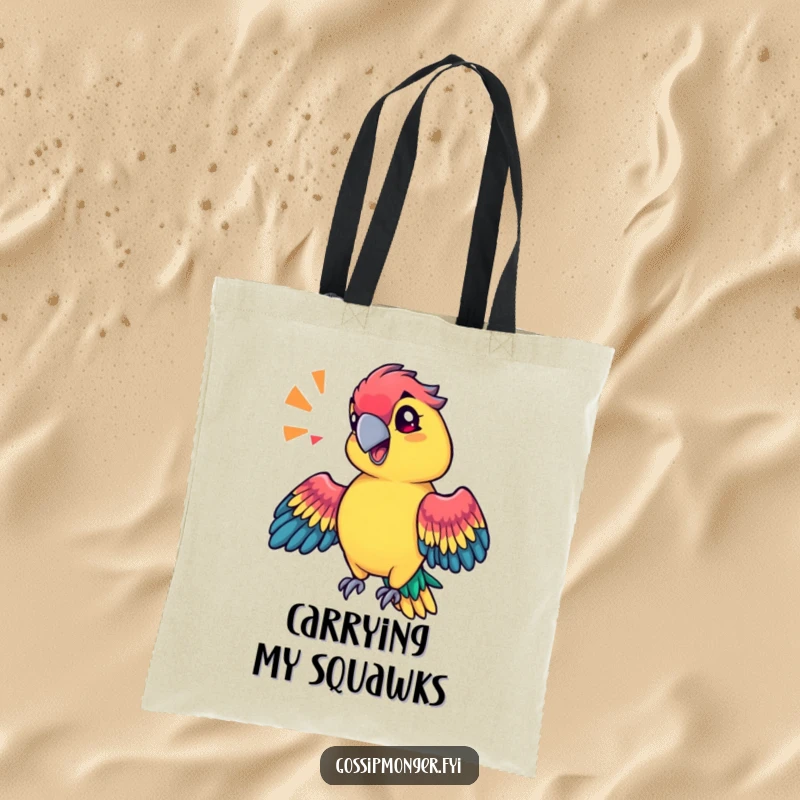 Funny technicolor parrot with a sassy tilt of its head, mimicking a sound effect with its wings, vibrant tote bag.
