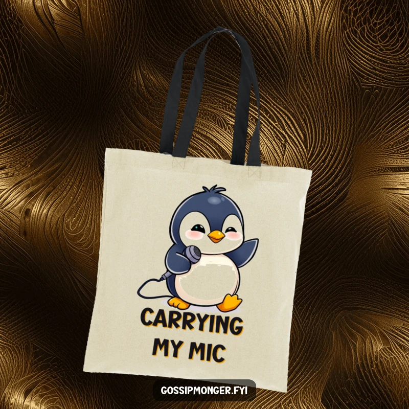 Funny tote bag featuring a tiny penguin winking while holding a small microphone. Music themed.