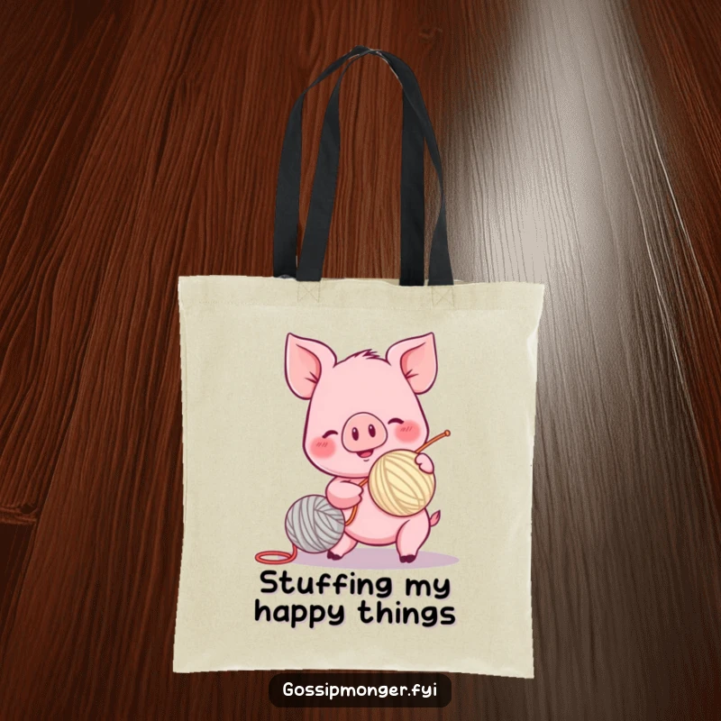 Funny piglet tote bag, spinning a yarn ball with excitement, rosy cheeks, durable canvas, spacious, joyful design.