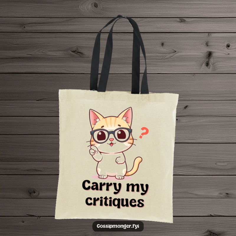 Funny tote bag featuring a smart cat wearing glasses, pointing precisely at a lone misplaced comma.