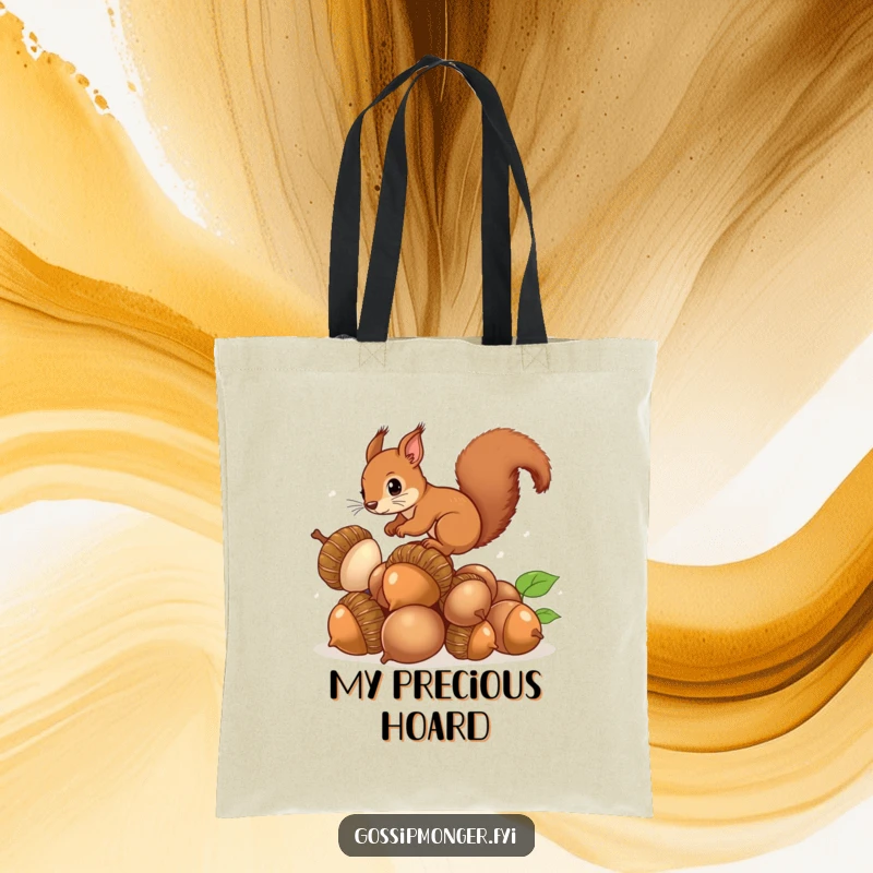 Funny Squirrel Acorns Tote Bag: A sturdy bag featuring a squirrel balancing on a pile of large acorns, great for carrying your finds.