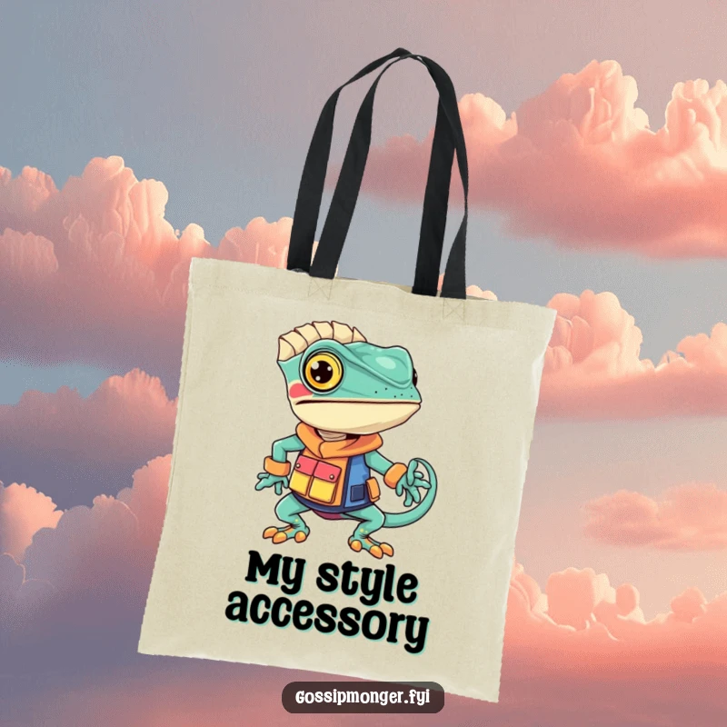 Funny chameleon tote bag showcasing a confident chameleon wearing a unique, brightly colored outfit, a fashionable and humorous accessory.