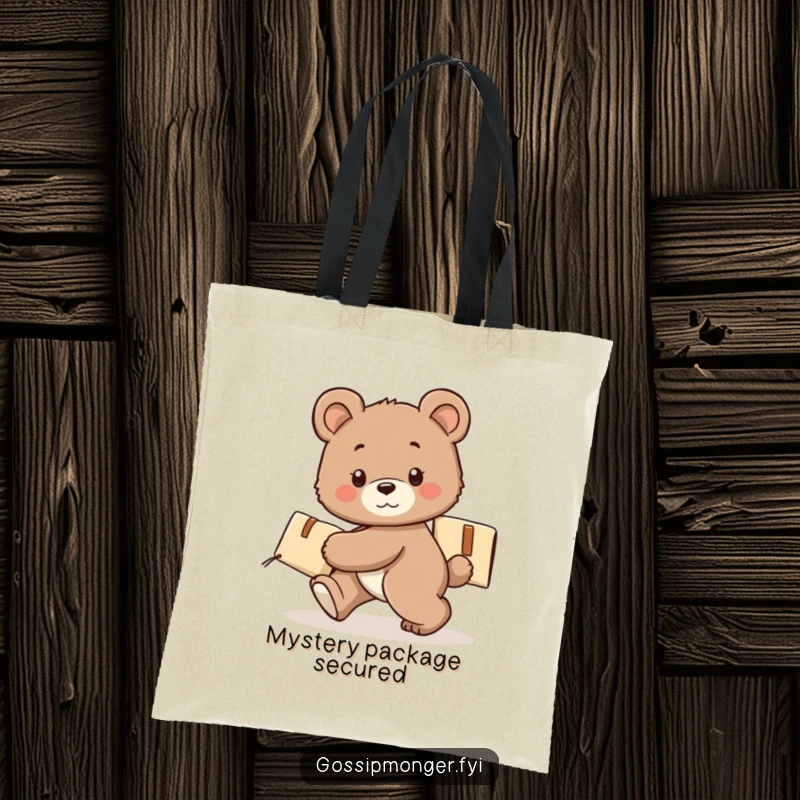 Funny bear cub tote bag, tiptoeing with a secret package, durable canvas, spacious, cute and sneaky design.