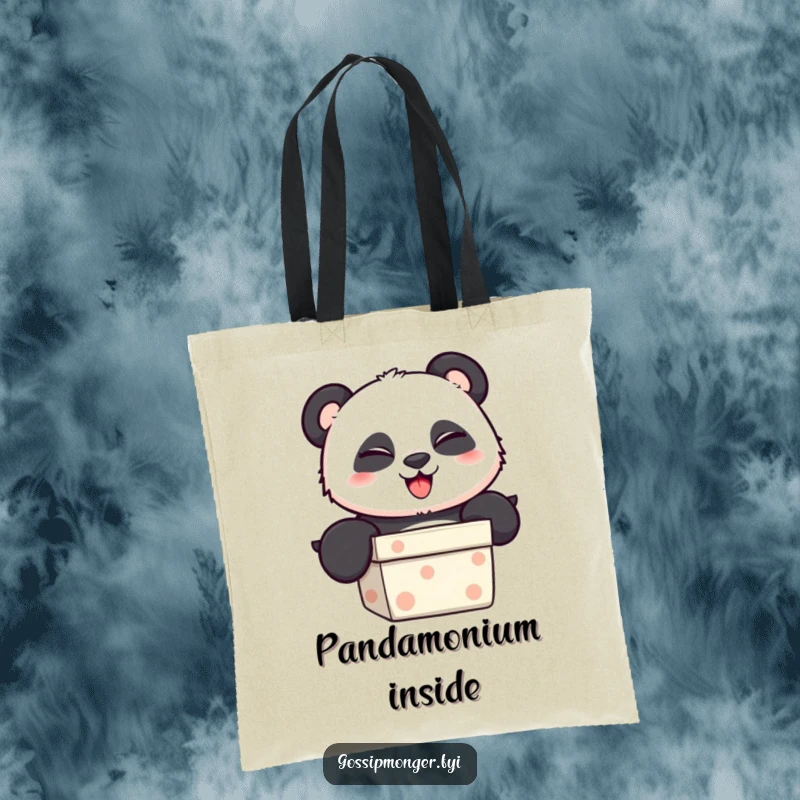 Funny Tote Bag with a mischievous panda popping its head out of a gift box, ready to surprise.